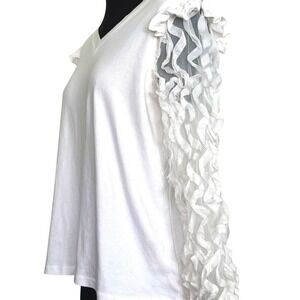 Joh Apparel Rhonda Pointe Top White V-Neck Mesh Lace Swirl Ruffle Sleeve Large